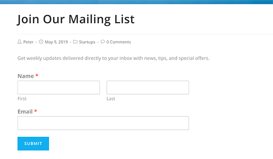 Newsletter signup form in a WordPress post Newsletter signup form in a WordPress post