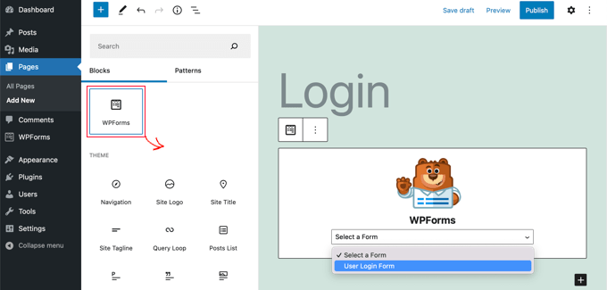 Add the WPForms Block to Any Post or Page and Select the User Login Form Add the WPForms Block to Any Post or Page and Select the User Login Form
