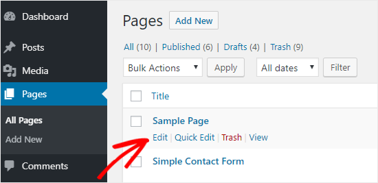 WordPress Page edit option WordPress Page edit option