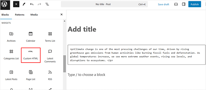 Add custom HTML using the block