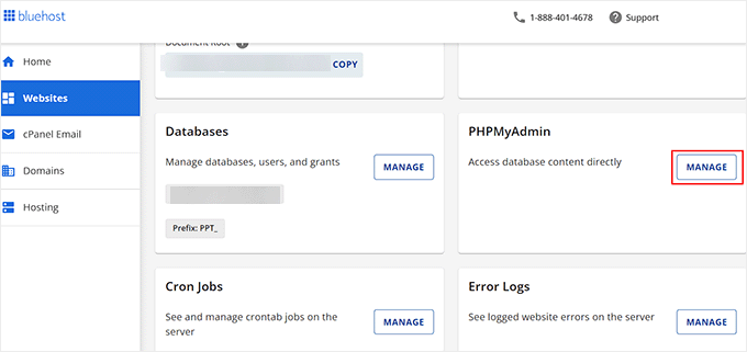 Click the manage button next to the phpMyAdmin option Click the manage button next to the phpMyAdmin option