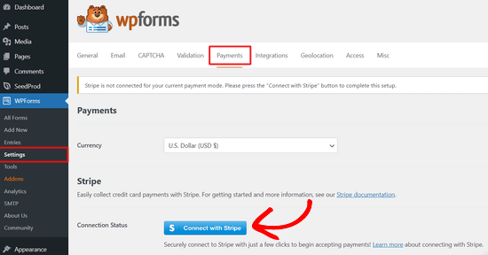 Stripe payment settings Connect Stripe to WPForms