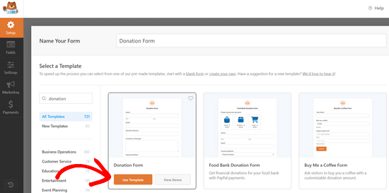 Create a donation form Choose the Donation Form template