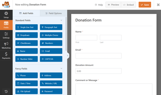 Editing the donation form in WPForms Editing the donation form in WPForms