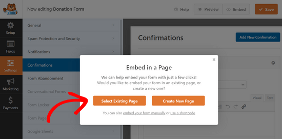 Select an existing page to embed your form Select an existing page to embed your form