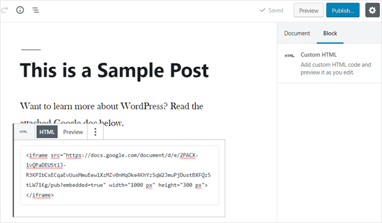 Code d'intégration de Google Doc ajouté dans un article WordPress