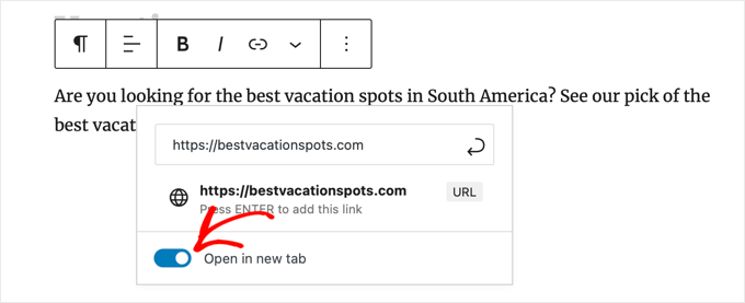 ブロックエディターでの新しいタブで開くオプション