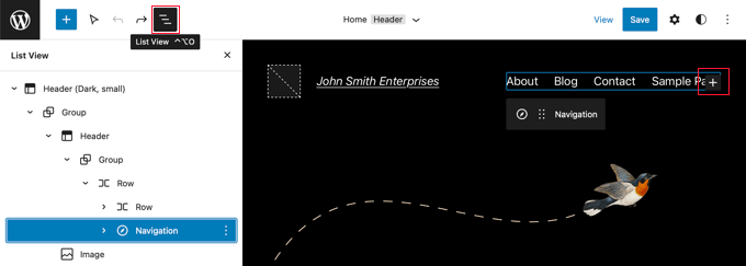 Selectează Blocul de Navigare și Apasă pe Iconița +