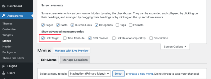 Selectați opțiunea Țintă link