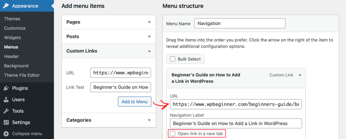 Deschide linkul extern într-o filă nouă în meniu