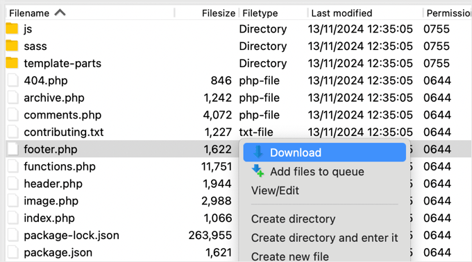 Downloading the footer.php file in WordPress Downloading the footer.php file in WordPress