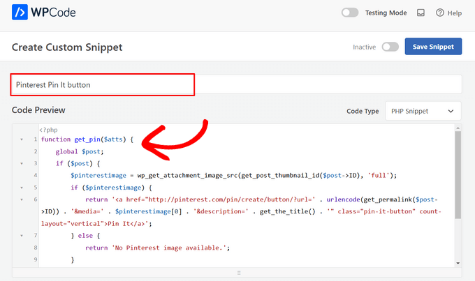 Enter a snippet name and paste the code for pin it button Enter a snippet name and paste the code for pin it button