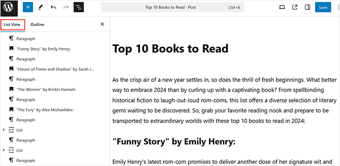 See list view in the block editor See list view in the block editor