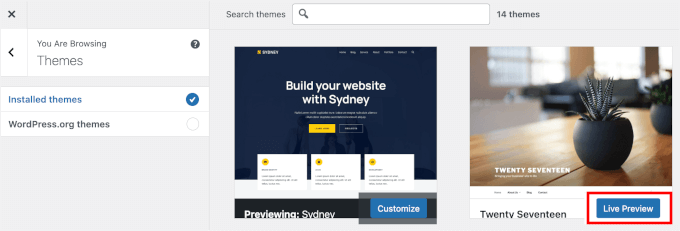 Preview Installed themes on Theme Customizer Preview Installed themes on Theme Customizer