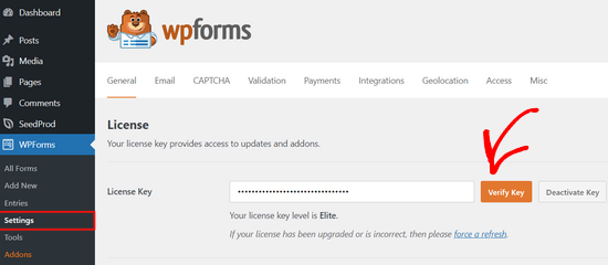 Add WPForms license key Add WPForms license key