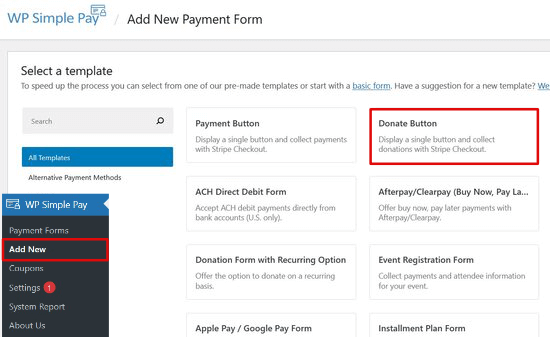 wpsimplepay-templates Choose WP Simple Pay donation form template