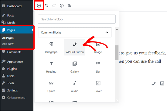 Adding WP Call Button Block in WordPress Adding WP Call Button Block in WordPress