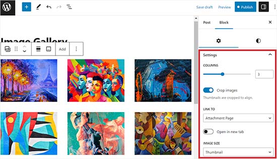 Configure gallery settings in the block panel Configure gallery settings in the block panel