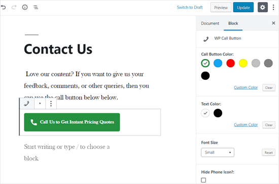Customizing Call Button in WordPress Page Editor Customizing Call Button in WordPress Page Editor