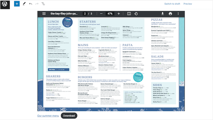 Un PDF, intégré à l'aide du bloc Fichier intégré de WordPress