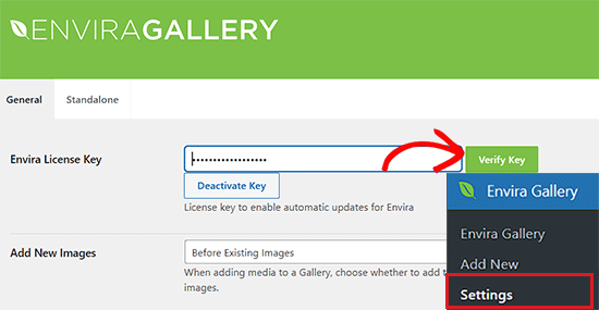 Add the Envira Gallery license key Add the Envira Gallery license key
