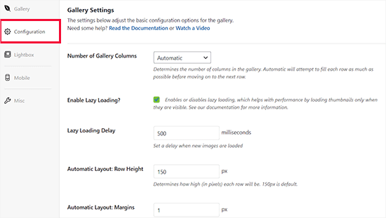 Edit gallery configuration settings Edit gallery configuration settings