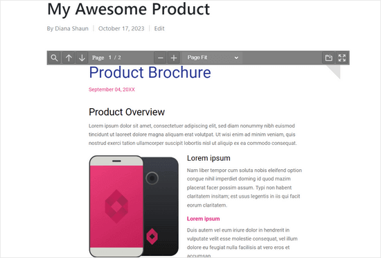 Visionneuse PDF intégrée dans un article de blog WordPress