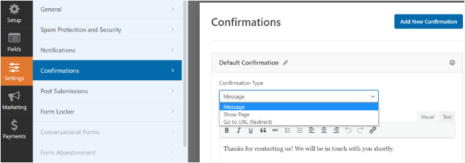 AMP form confirmation settings AMP form confirmation settings