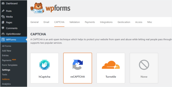 Go to WPForms captcha settings Go to WPForms captcha settings