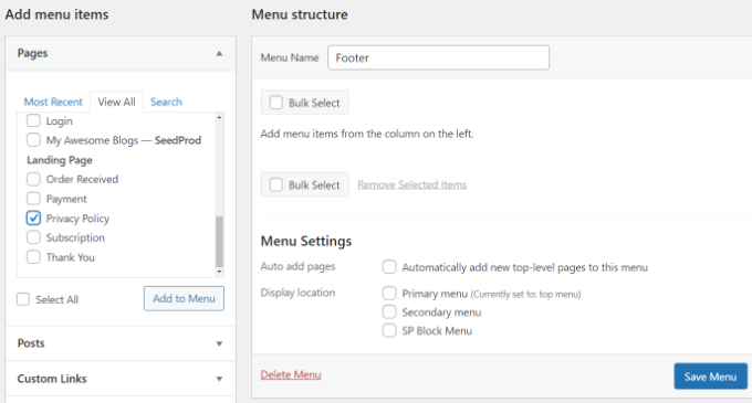 Add to menu Choose pages for menu