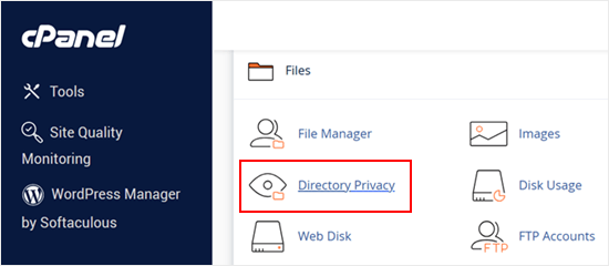 Directory Privacy menu in cPanel Directory Privacy menu in cPanel