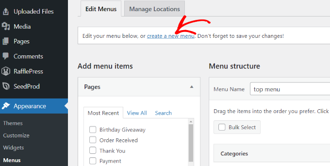 Creating a new menu in WordPress Create a new menu