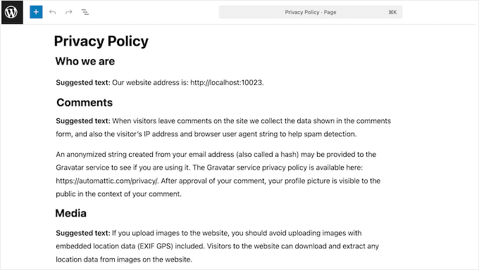 Editing the automatically-generated privacy policy Editing the automatically-generated privacy policy