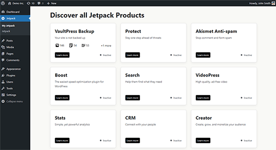 Jet Pack in WordPress dashboard Jet Pack in WordPress dashboard