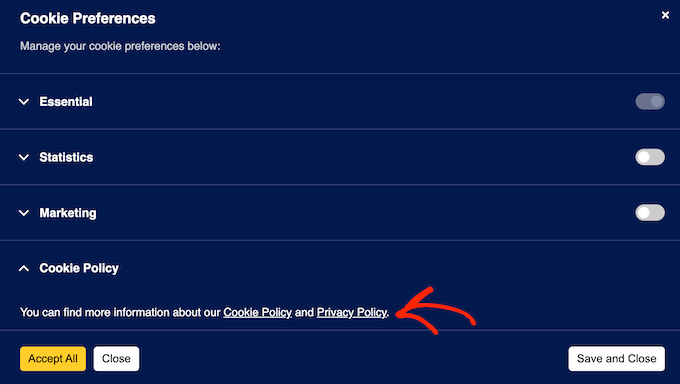 An example of a cookie consent popup, with a link to your site's privacy policy An example of a cookie consent popup, with a link to your site's privacy policy
