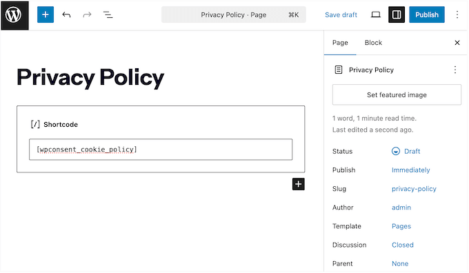 Adding a privacy policy to your website using the shortcode block Adding a privacy policy to your website using the shortcode block