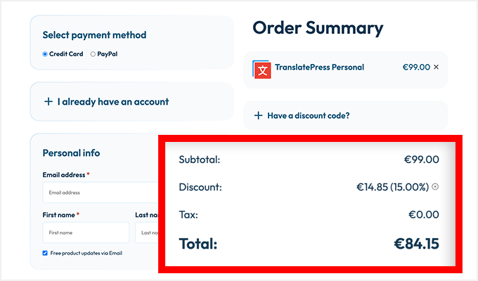 TranslatePress checkout page