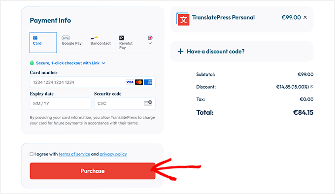 TranslatePress billing information and place order