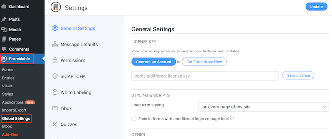 Enter the Formidable Forms license key Enter the Formidable Forms license key