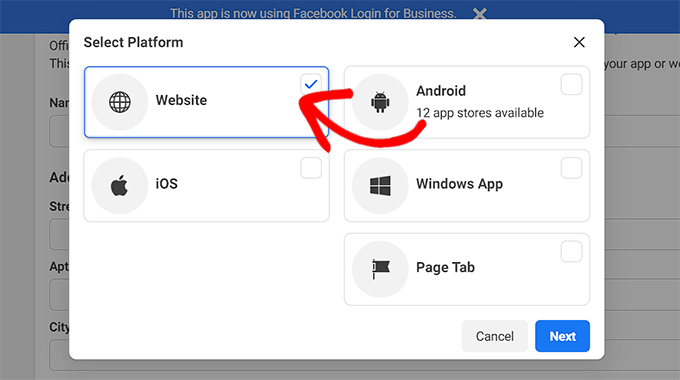 ウェブサイトをプラットフォームとして選択