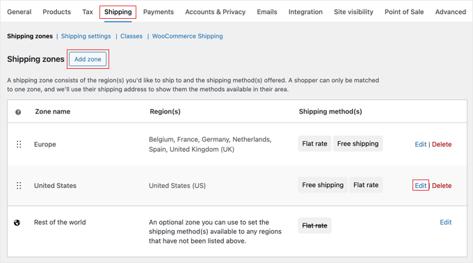The Shipping Page in WooCommerce Settings The Shipping Page in WooCommerce Settings
