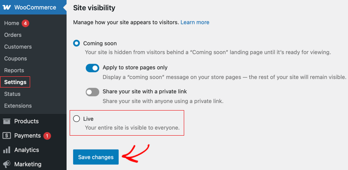 Selecting the Live option in WooCommerce Site Visibility settings. Selecting the Live option in WooCommerce Site Visibility settings.