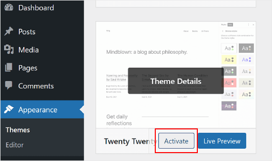 Activating a default WordPress theme Activating a default WordPress theme