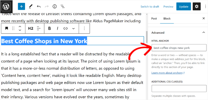 Inserisci l'ancora HTML