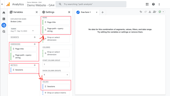 Drag the Variables to the Settings Column Drag the Variables to the Settings Column