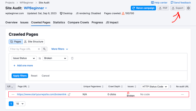 Broken Links Report in Semrush Broken Links Report in Semrush