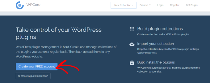 Skapa gratis konto på WPCore-webbplatsen
