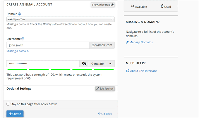 Creați setări pentru cont