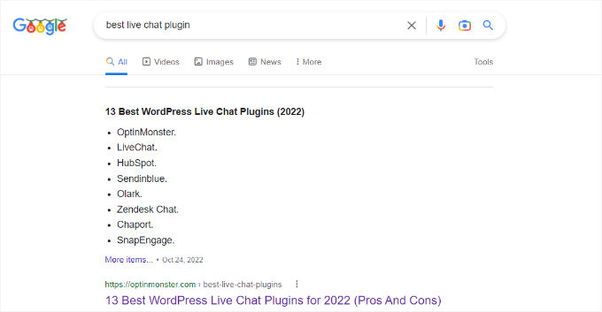 Anteprima snippet in primo piano