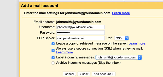 Fereastră pop-up de configurare Gmail